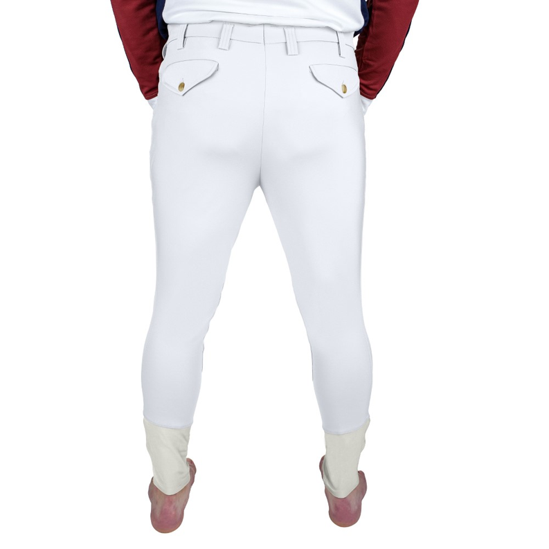 Men's knee patch breeches, light-colored, button front with belt loops