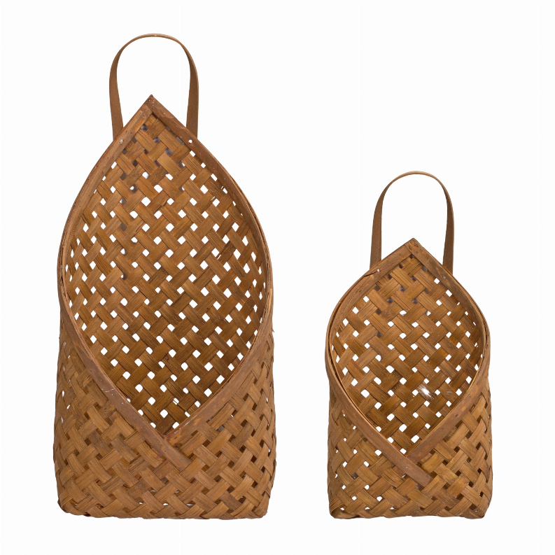 Bamboo wall pocket set of 2 woven basket organizers with handles, teardrop shape