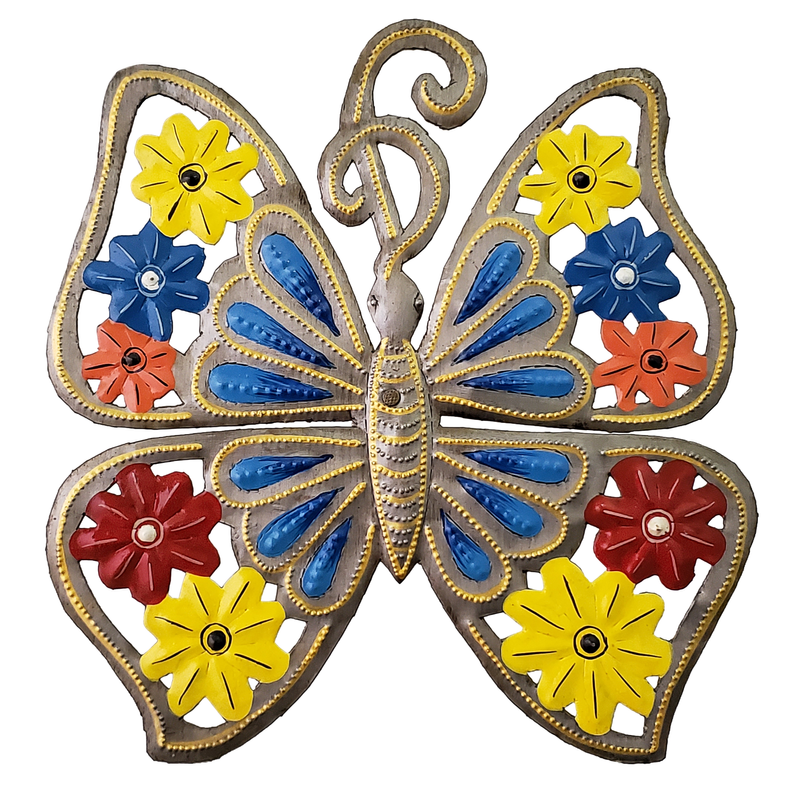 Multicolor painted butterfly applique in blue and yellow with orange and red flowers