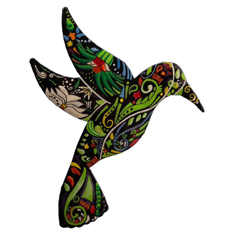 Small painted hummingbird figurine with multi-color pattern and spread wings