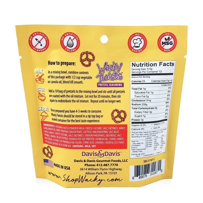 Back of Davis & Davis pretzel snack bag with nutrition facts and serving instructions