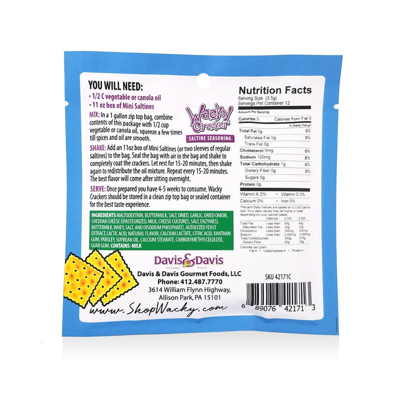 Davis Wacky Cracker sour cream & onion saltine seasoning cracker pack, back label
