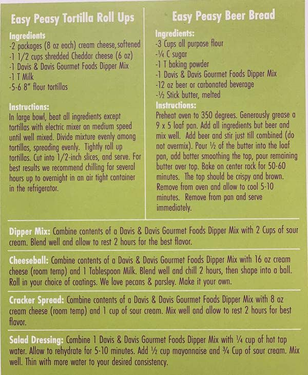 Sundried tomato dip mix directions and ingredient list panel, paper insert
