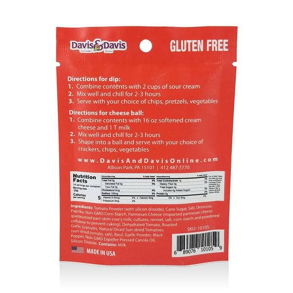 Red Sundried Tomato Dip Mix bag with Gluten Free label and serving directions