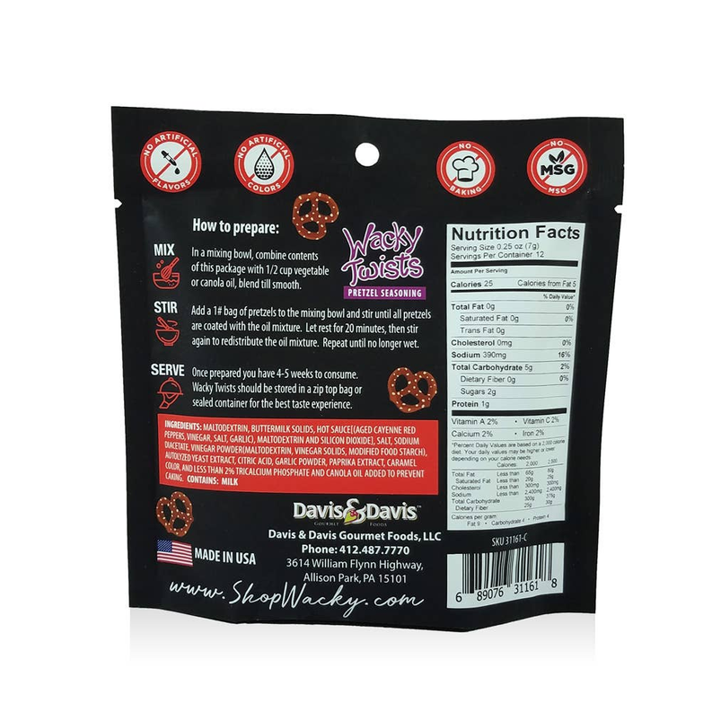 Hot Buffalo Wing pretzel seasoning pouch back with nutrition facts
