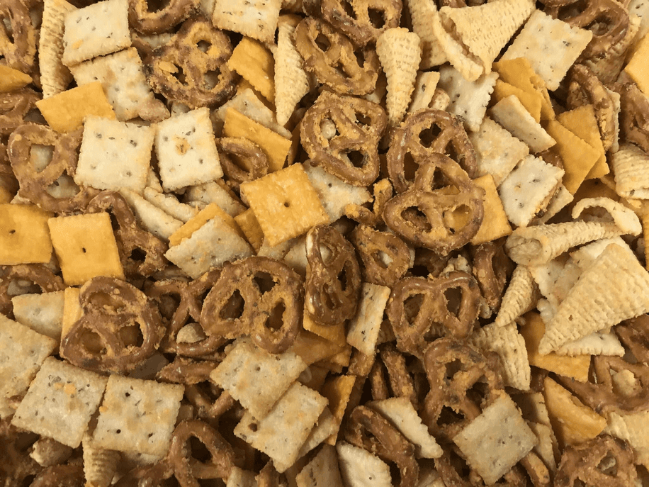 Seasoned pretzel twists snack pieces with hot buffalo wing seasoning