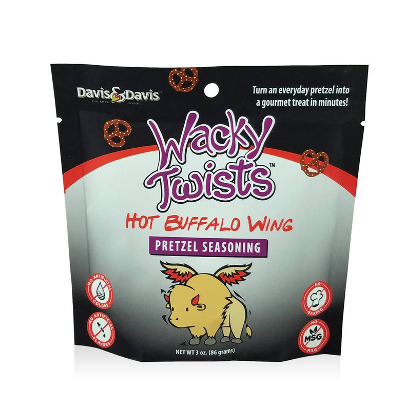 Hot Buffalo Wing pretzel seasoning pouch with Wacky Twists branding