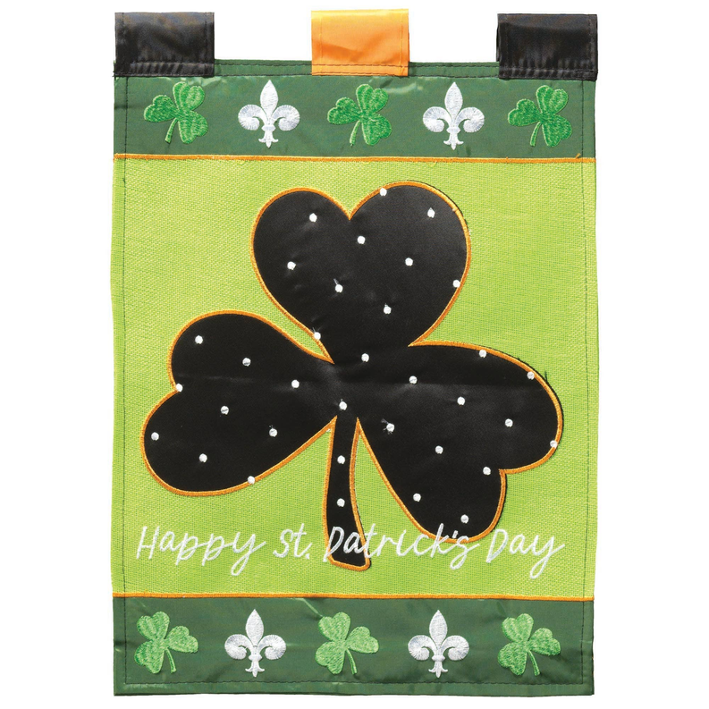 St. Patrick's Day flag in green with shamrocks and black clover heart, 'Happy St. Patrick's Day'