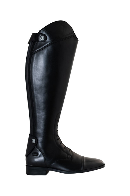Ladies black knee-high field boot with stitched side panels and buckle straps