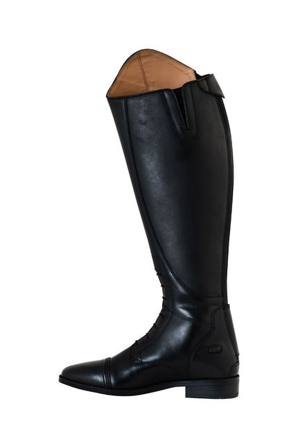 Black knee-high field boot with buckle strap and stitched detail