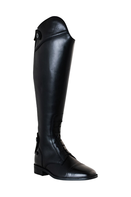 Black knee-high field boot with stitched vamp and buckle detail on shaft