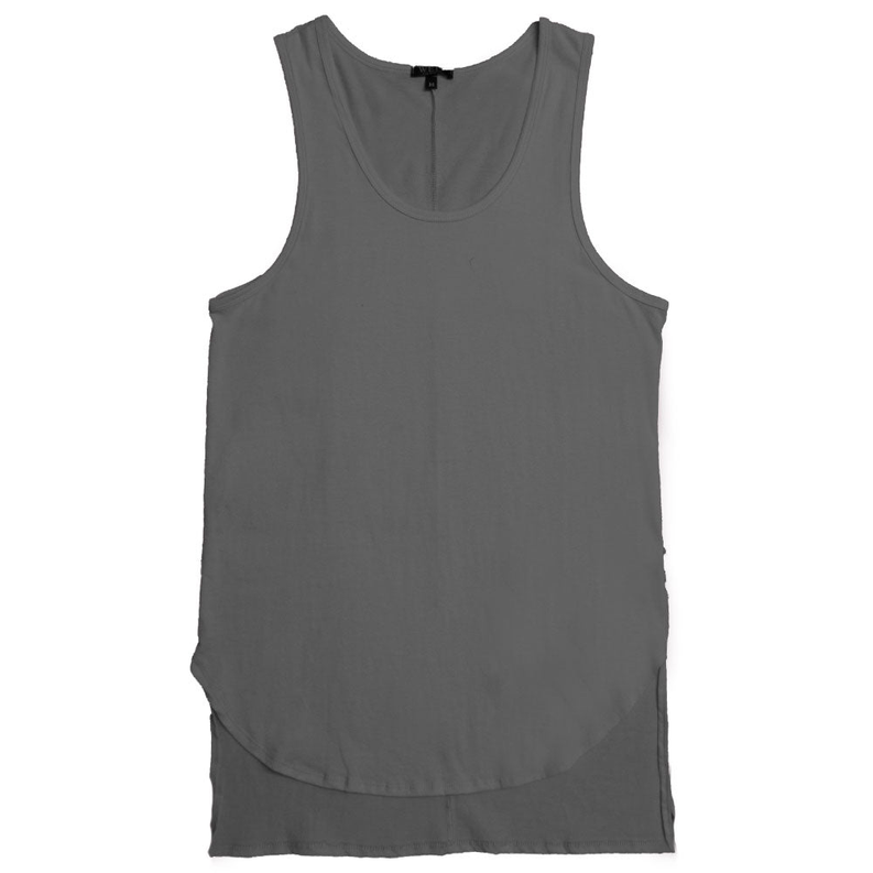 Grey sleeveless hi-low tank top with scoop neck and curved hem