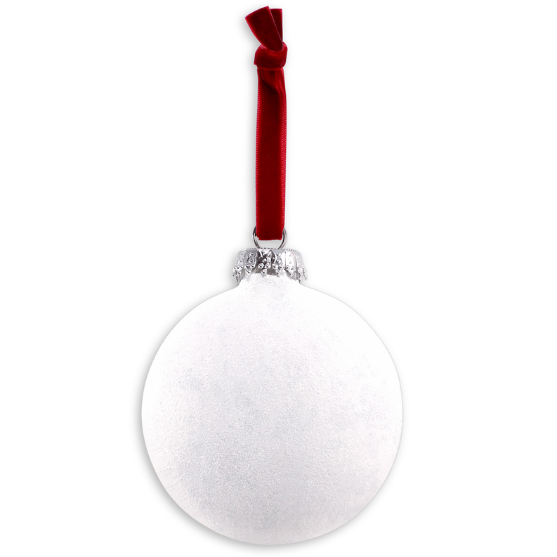 White glitter Christmas ornament bauble with red hanging ribbon