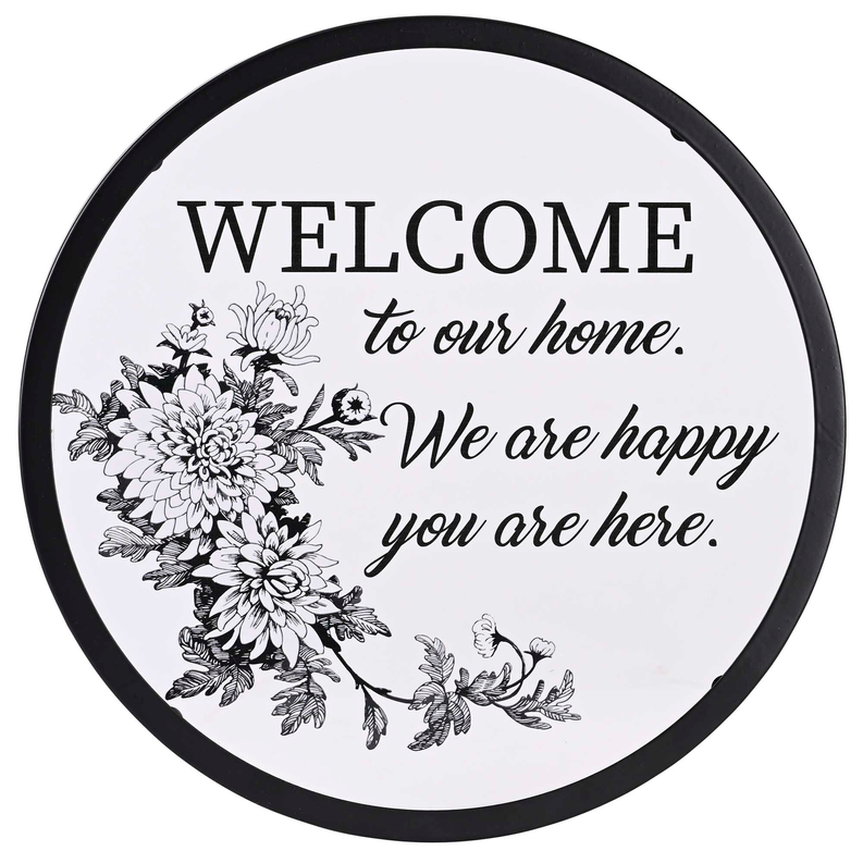 Round framed welcome wall art, black rim, flowers, text: 'We are happy, you are here'
