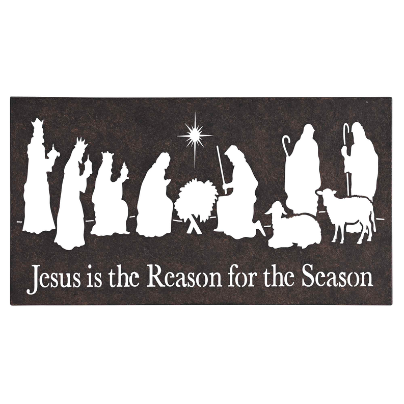 Black metal art with white nativity silhouettes; text: Jesus is the Reason for the Season