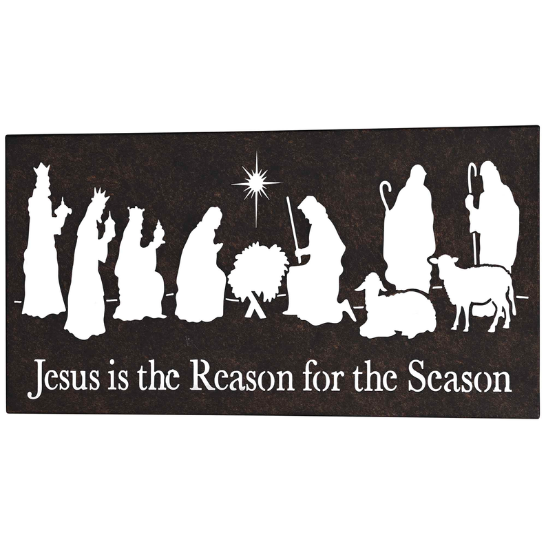 Black metal wall plaque with white nativity silhouettes and 'Jesus is the Reason for the Season'
