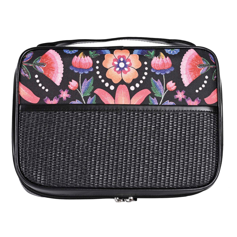 Black bible case with floral bloom print, large print size, zipper top.
