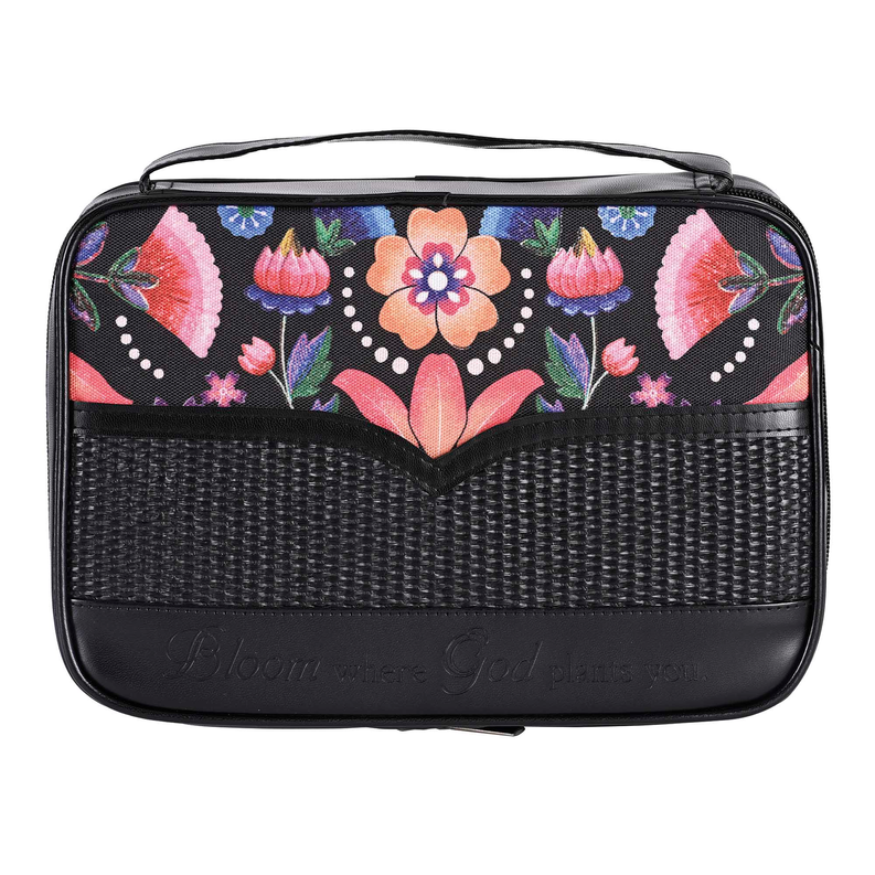 Black bible case with floral print and embossed quote 'Bloom where God plants you'.