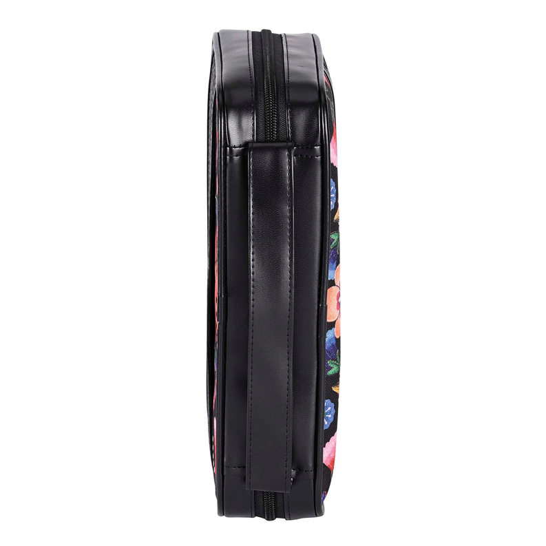 Black bible case with adjustable strap and vertical spine, floral side panel.