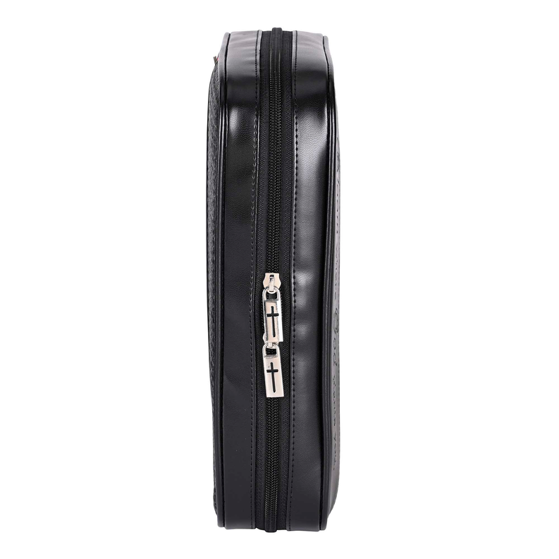Black bible case spine with small cross charm and striped binding.