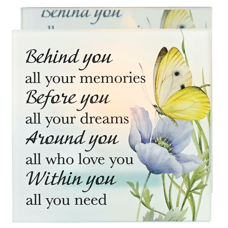 Printed verse card with yellow butterfly and blue flowers for teal light holder