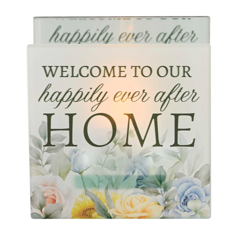 Floral welcome card reads “WELCOME TO OUR HOME” for Happily Ever After tealight