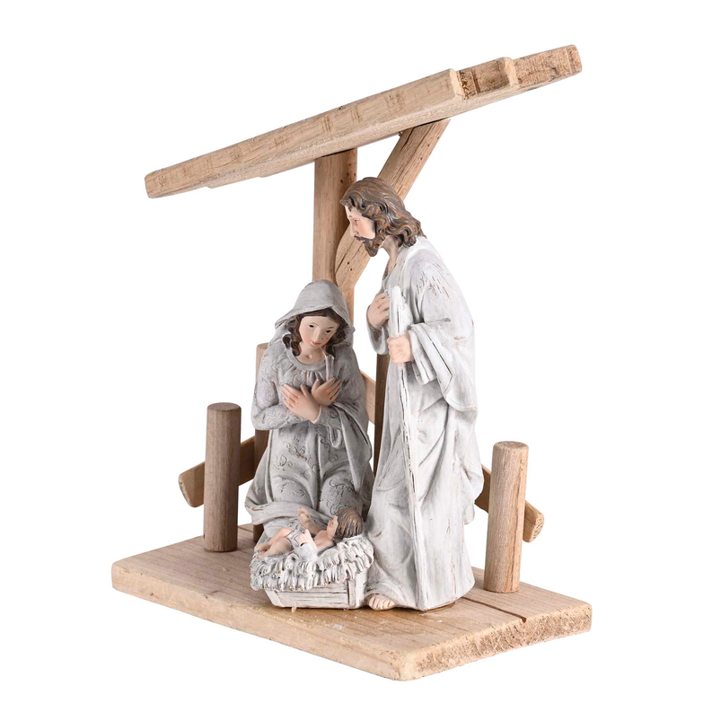 Nativity wooden creche with Holy Family figurines, Mary kneeling by baby, Joseph standing