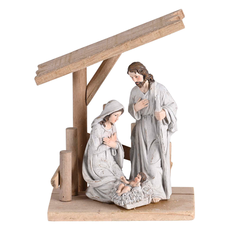 Nativity wooden creche with Holy Family: Mary holding baby, Joseph standing and blessing