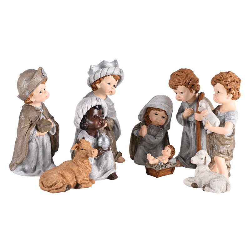Nativity family figurines: three wise men, shepherd boy, and animals in gray and brown