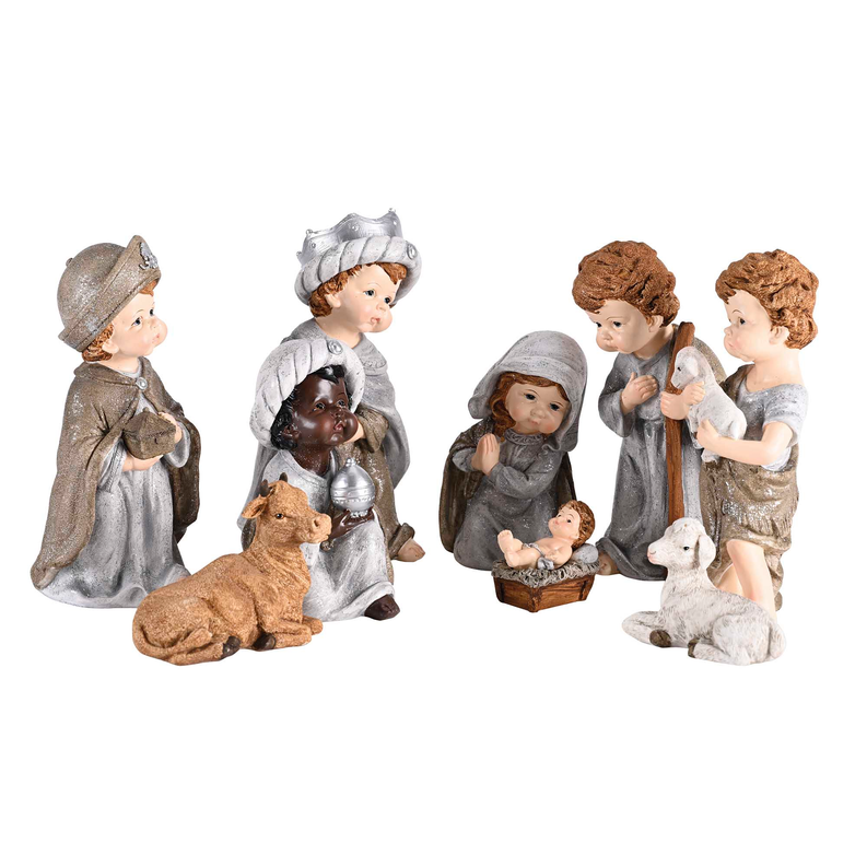 Nativity family figurines: kneeling Mary and Joseph, wise men, and animals in gray and tan