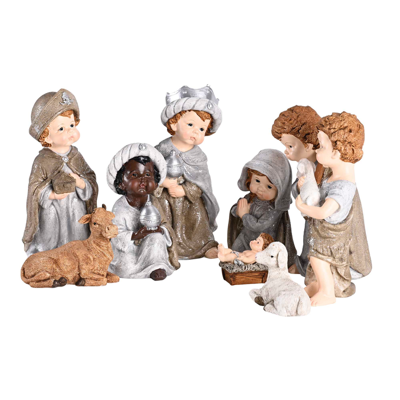 Nativity family figurines: wise men holding offerings, shepherd boy with lamb, gray and brown