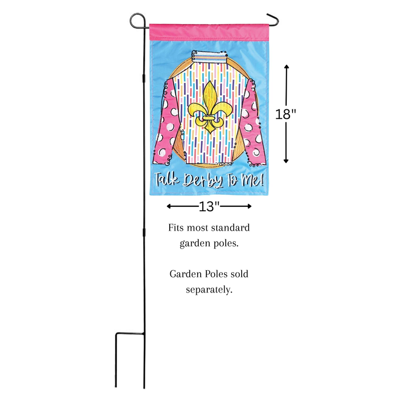 Garden flag for pole, blue and pink with fleur-de-lis and “Talk Derby To Me!” text, 13 in.