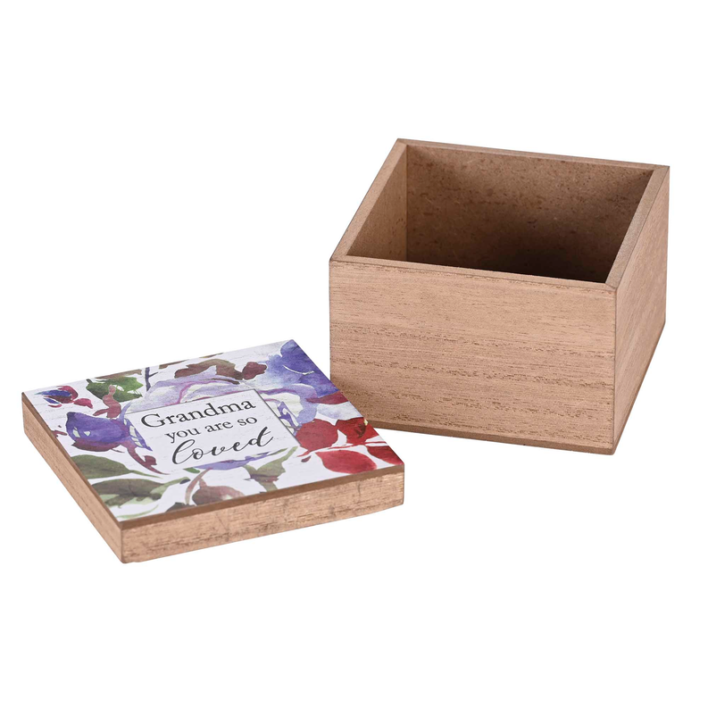 Wood keepsake box with hinged lid, floral print and text 'Grandma you are so loved'.