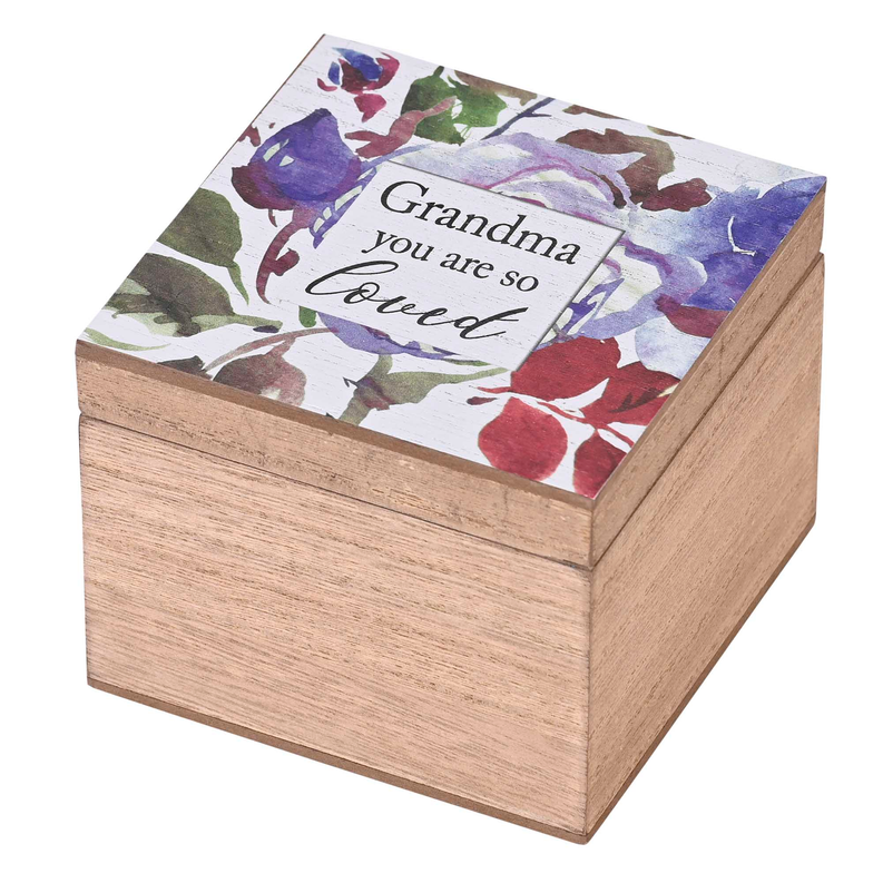 Wood keepsake box with floral lid featuring 'Grandma you are so loved'.