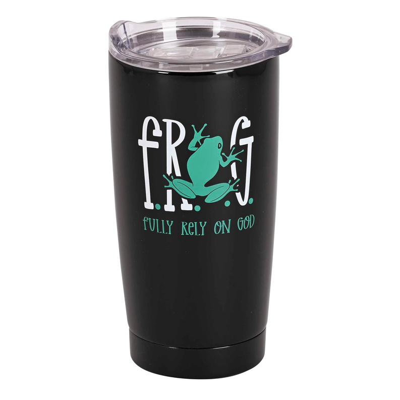 Black 20 oz tumbler with F.R.O.G frog logo and FULLY RELY ON GOD text
