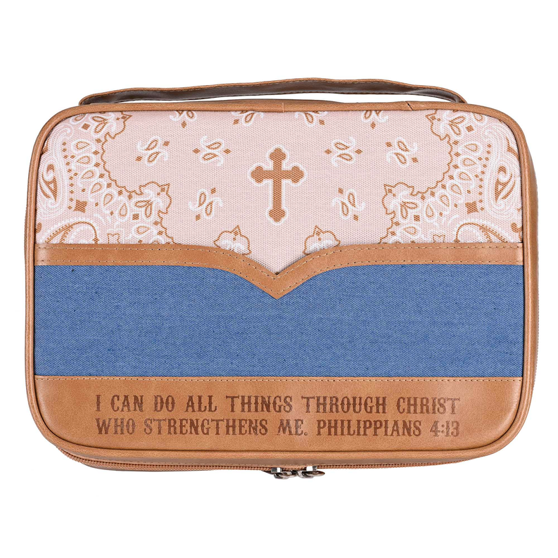 Bible case bandana blue front with printed verse text and cross logo