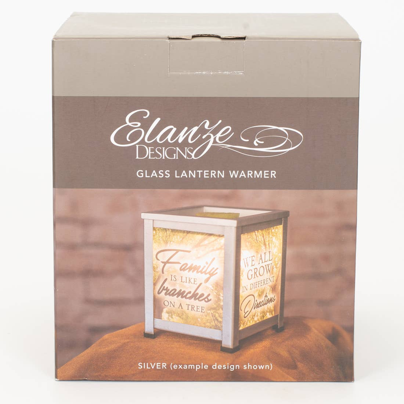 Glass lantern warmer gift box with Elarize Designs label and silver example shown