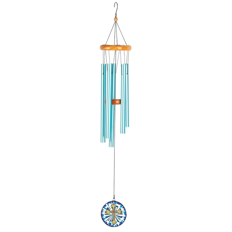 Cross-sail wind chime with orange top, blue hanging ribbons, and round cross emblem