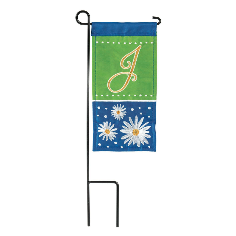 Mini monogram garden flag with stand, green and blue fabric, Daisy J letter applique