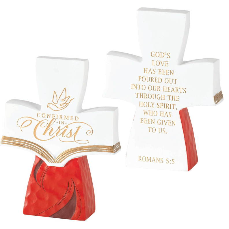 White T-shirt with gold cross and open Bible graphic, “Confirmed in Christ” text