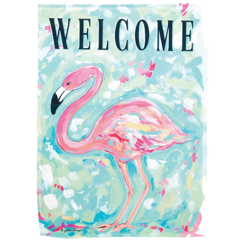 Polyester welcome flag with flamingo illustration and bold WELCOME text, square format