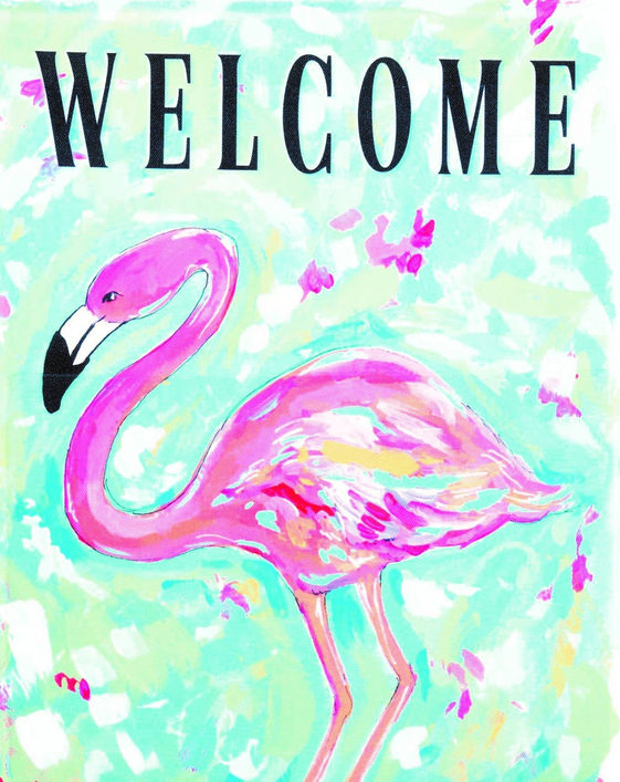 Polyester welcome flag with flamingo art and WELCOME text, cropped upper section