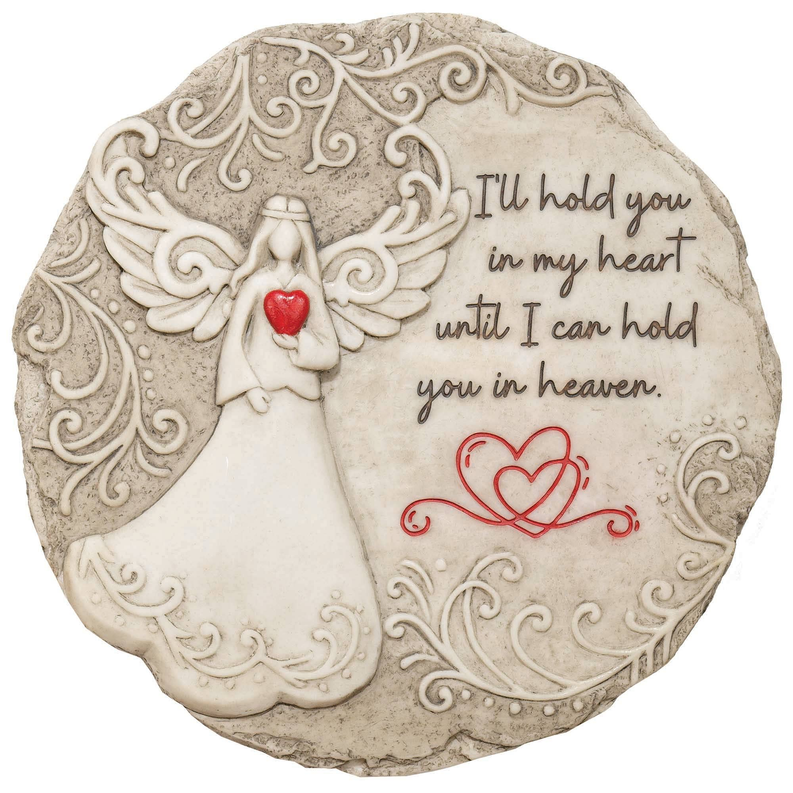 Round garden resin heart plaque with angel wings, red heart, and engraved quote