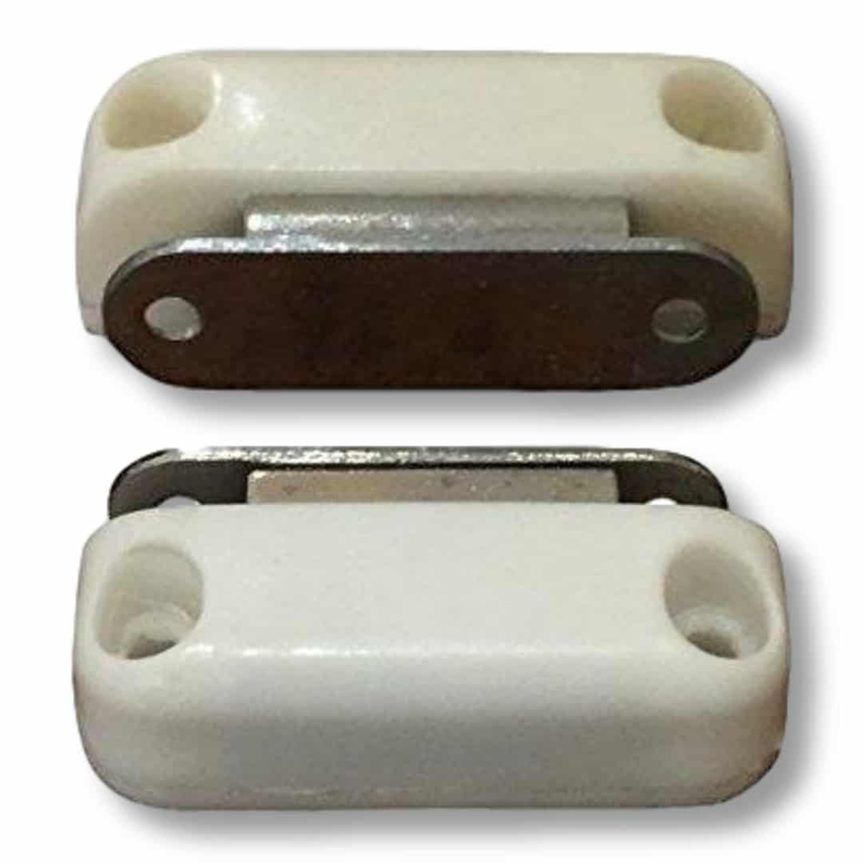 White magnetic latch catch with metal strike plate, set of 2