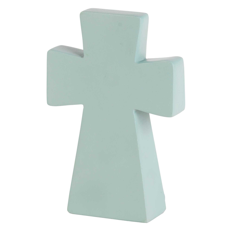 Light blue tabletop cross decoration with a simple smooth front