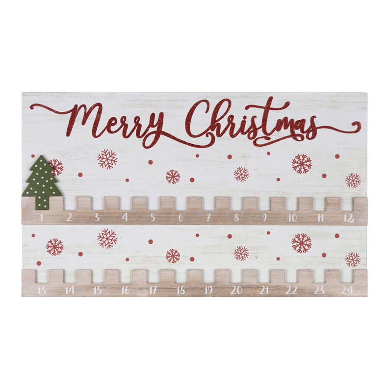 Wood Christmas countdown board with “Merry Christmas” text, snowflakes, and numbered 1–24 tiles