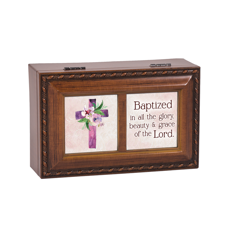 Wooden music box with hinged lid and front framed scripture panels, purple floral cross