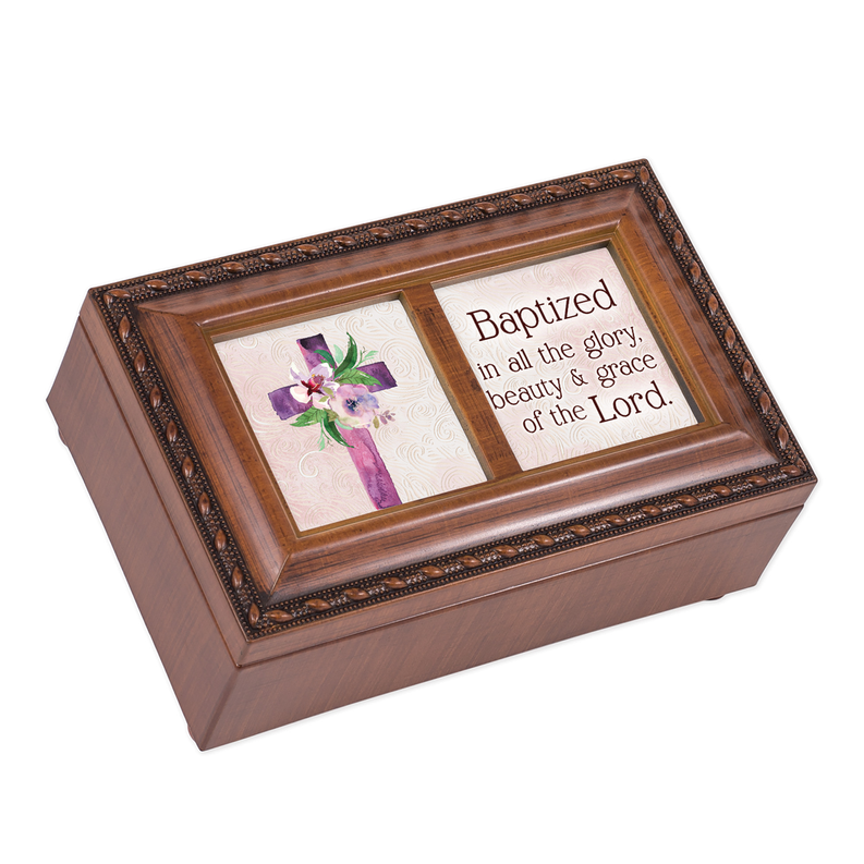 Wooden music box with front framed inserts showing purple floral cross and quote text