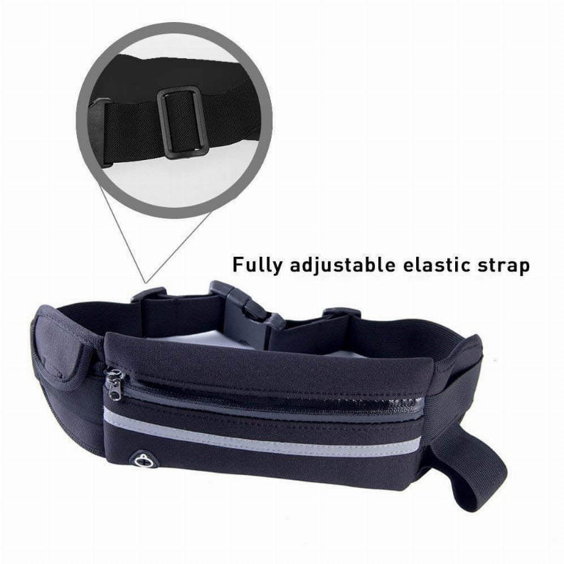 Navy water-resistant running belt fanny pack with fully adjustable elastic strap and buckle