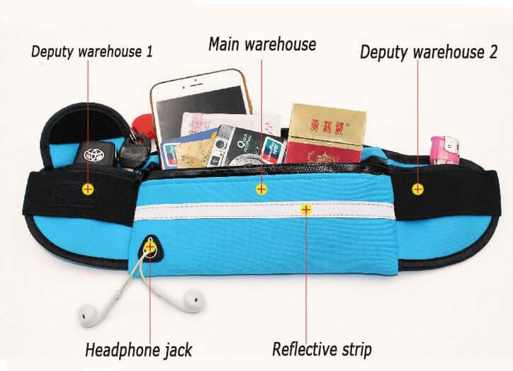 Water-resistant running belt fanny pack with black outer, blue waist panel, reflective detail